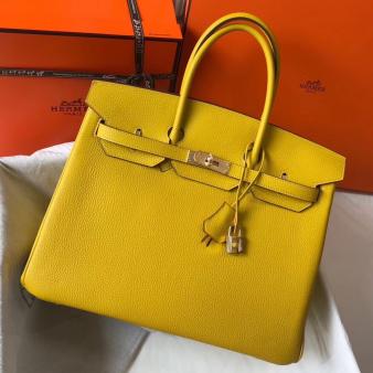 Hermes Clemence Leather 35cm Birkin Bag In Yellow with Gold Hardware