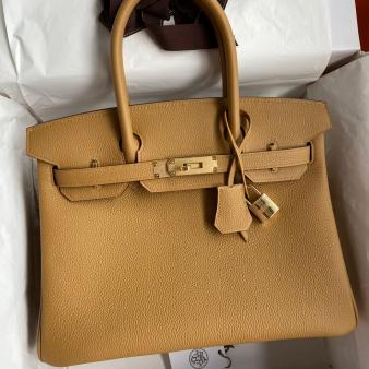 Hermes Clemence Leather Biscuit Birkin 30 Retourne Handmade Bag