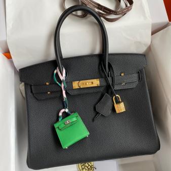 Hermes Clemence Leather Black Birkin 30 Retourne Handmade Bag