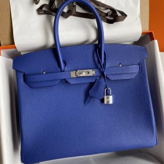 Hermes Clemence Leather Blue Electric 35 Retourne Handmade Bag