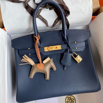 Hermes Clemence Leather Blue Saphir Birkin 30 Retourne Handmade Bag