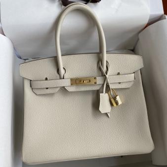 Hermes Clemence Leather Craie Birkin 30 Retourne Handmade Bag