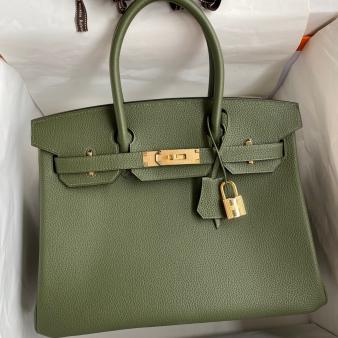 Hermes Clemence Leather Green Birkin 30 Retourne Handmade Bag