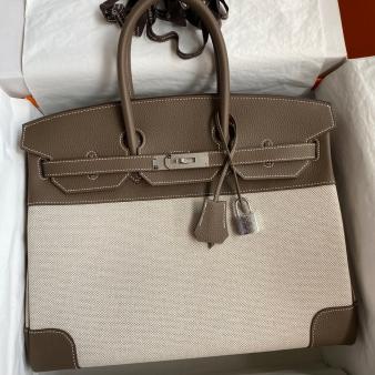 Hermes Clemence Leather & Toile Birkin 35 Handmade Bag In Taupe