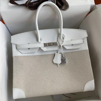 Hermes Clemence Leather & Toile Birkin 35 Handmade Bag In White