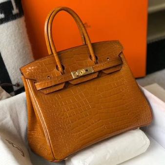 Hermes Crocodile Leather 25cm Birkin Bag In Gold Embossed