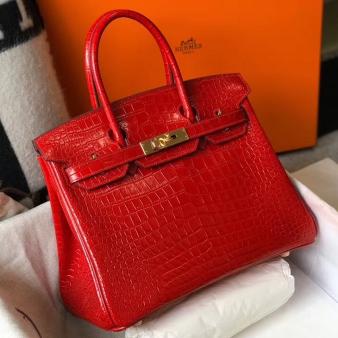 Hermes Crocodile Leather 25cm Birkin Bag In Red Embossed