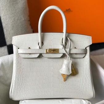 Hermes Crocodile Leather 25cm Birkin Bag In White Embossed