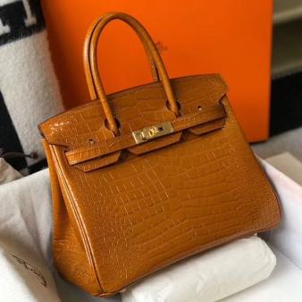 Hermes Crocodile Leather 30cm Birkin Bag In Gold Embossed