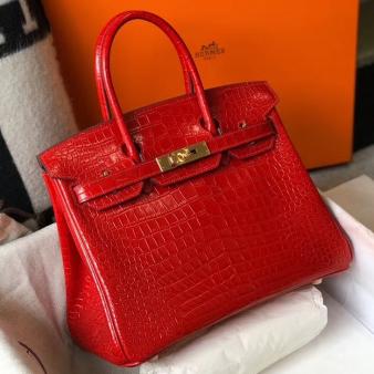 Hermes Crocodile Leather 30cm Birkin Bag In Red Embossed