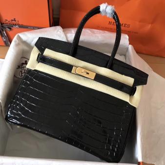 Hermes Crocodile Porosus Shiny Skin Black 30 Bag