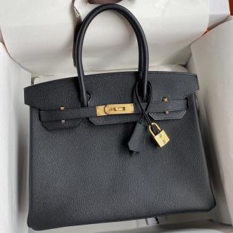 Hermes Epsom Calfskin Black Birkin 30 Retourne Handmade Bag