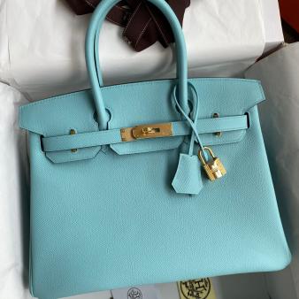 Hermes Epsom Calfskin Blue Atoll Birkin 30 Retourne Handmade Bag