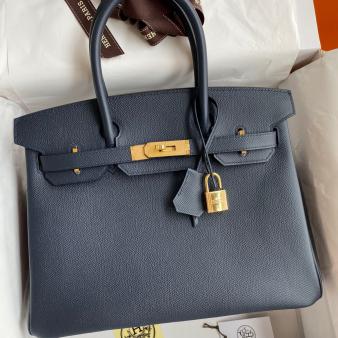 Hermes Epsom Calfskin Blue Nuit Birkin 30 Retourne Handmade Bag