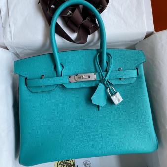 Hermes Epsom Calfskin Blue Paon Birkin 30 Retourne Handmade Bag