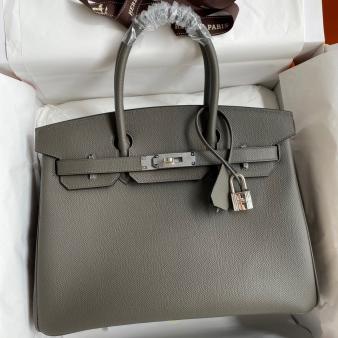 Hermes Epsom Calfskin Etain Birkin 30 Retourne Handmade Bag