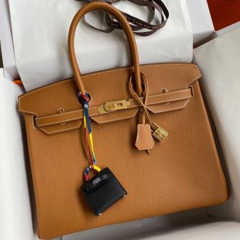 Hermes Epsom Calfskin Gold 35 Retourne Handmade Bag