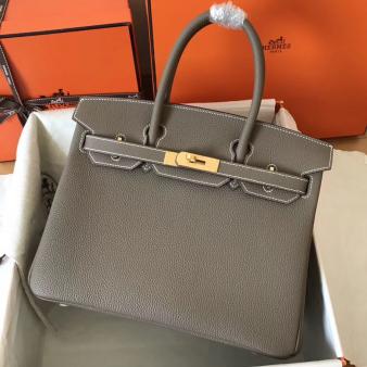 Hermes Etain Clemence Leather Birkin 30 Handmade Bag