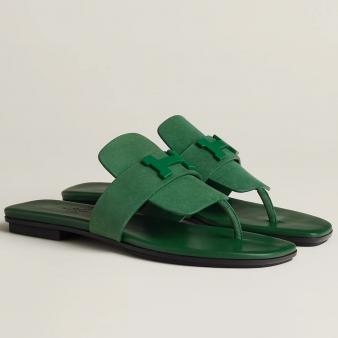 Hermes Galerie Sandals in Green Suede Leather