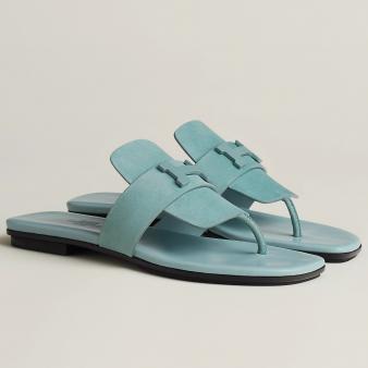 Hermes Galerie Sandals in Vert D'eau Suede Leather