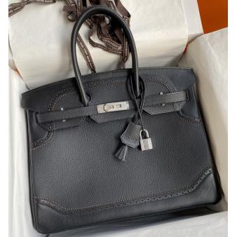 Hermes Ghillies Birkin 35cm Limited Edition Bag In Calfskin Black Leather