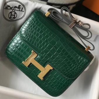 Hermes Green Embossed Crocodile Constance 24cm Bag