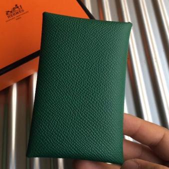 Hermes Green Epsom Leather Calvi Card Holder