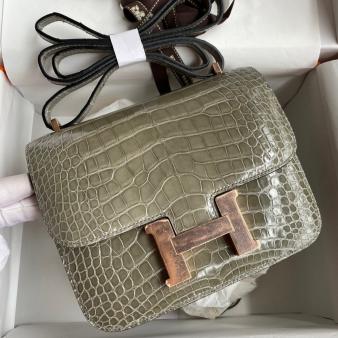 Hermes Grey Shiny Alligator Leather Constance 18 Handmade Bag