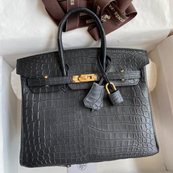 Hermes Handmade Birkin Bag 25 In Matte Black Crocodile Niloticus Skin