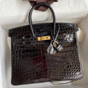 Hermes Handmade Birkin Bag 25 In Shiny Black Crocodile Niloticus Skin