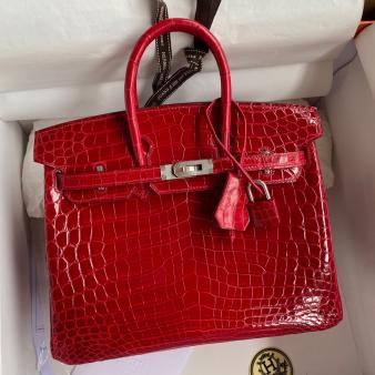 Hermes Handmade Birkin Bag 25 In Shiny Red Crocodile Porosus Skin