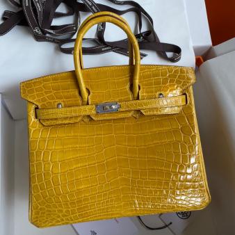 Hermes Handmade Birkin Bag 25 In Shiny Yellow Crocodile Niloticus Skin