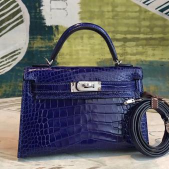 Hermes Handmade Blue Alligator Crocodile Mini II Kelly Bag