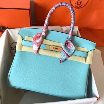 Hermes Handmade Blue Atoll Clemence Leather Birkin 30 Bag