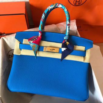 Hermes Handmade Blue Clemence Leather Birkin 30 Bag