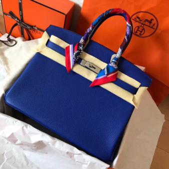 Hermes Handmade Blue Electric Clemence Leather Birkin 35 Bag