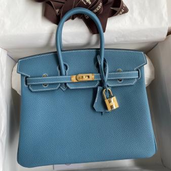 Hermes Handmade Blue Jean Clemence Leather Birkin 25 Bag