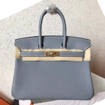 Hermes Handmade Blue Lin Clemence Leather Birkin 25 Bag