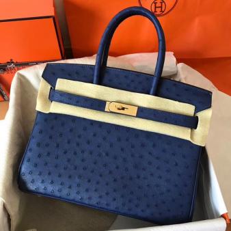 Hermes Handmade Blue Ostrich Skin Birkin 30 Bag