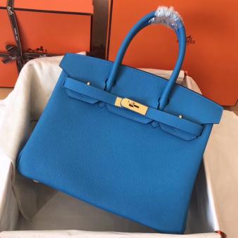 Hermes Handmade Blue Zanzibar Clemence Leather Birkin 30 Bag