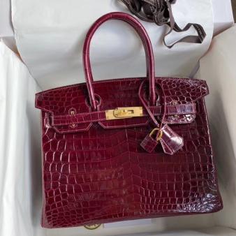 Hermes Handmade Bordeaux Crocodile Niloticus Shiny Birkin 30 Bag