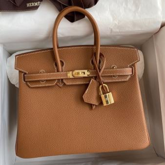 Hermes Handmade Brown Clemence Leather Birkin 25 Bag