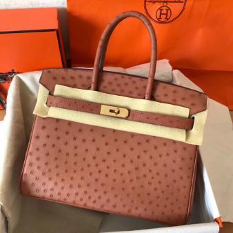 Hermes Handmade Brown Ostrich Skin Birkin 30 Bag