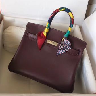 Hermes Handmade Burgundy Swift Leather Birkin 25 Bag