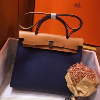 Hermes Herbag Zip 31cm Bag In Blue And Brown