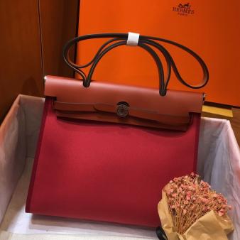 Hermes Herbag Zip 31cm Bag In Bordeaux And Camel