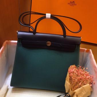 Hermes Herbag Zip 31cm Bag In Green And Navy