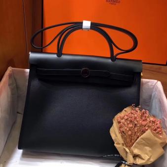 Hermes Herbag Zip 31cm Bag In Leather Black And Toile