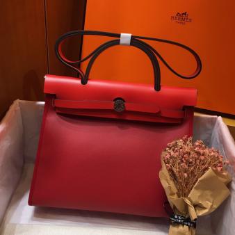 Hermes Herbag Zip 31cm Bag In Red Leather And Toile