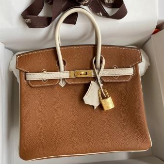 Hermes HSS Birkin 25 Bicolor Bag in Gold and Craie Clemence Leather